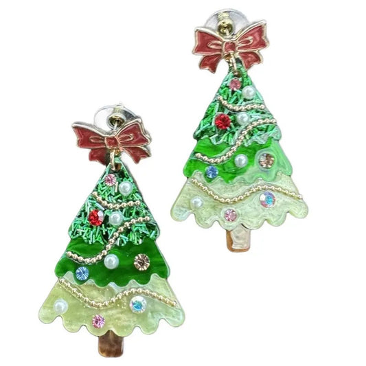 Green Christmas Tree with Bow Glitter Stud Earrings