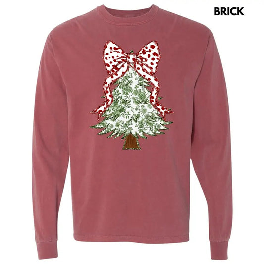 Green Floral & Red Bow Tree Long Sleeve Comfort Colors T-Shirt 'NLB'