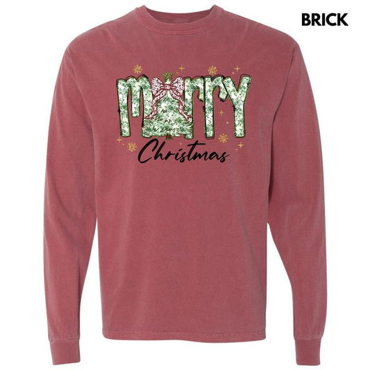 Green Floral Merry Christmas Long Sleeve Comfort Colors T-Shirt 'NLB'