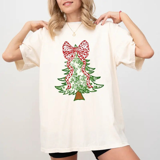 Green Grandmillennial Christmas Tree Comfort Colors Shirt, Christmas Tree Tee, Coquette Bow Christmas Unhinged Tees, Holiday Oversized Tee