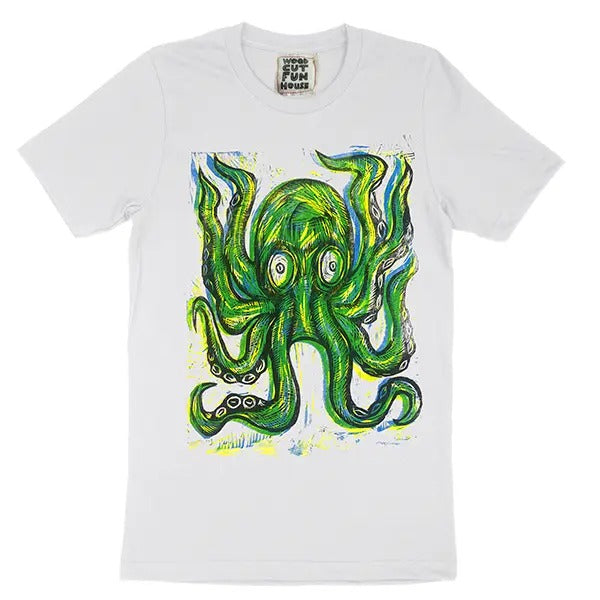 Green Octopus  Hand printed  Woodcut T Shirt Menswear Cotton Graphics Streetwear Grunge Clothes