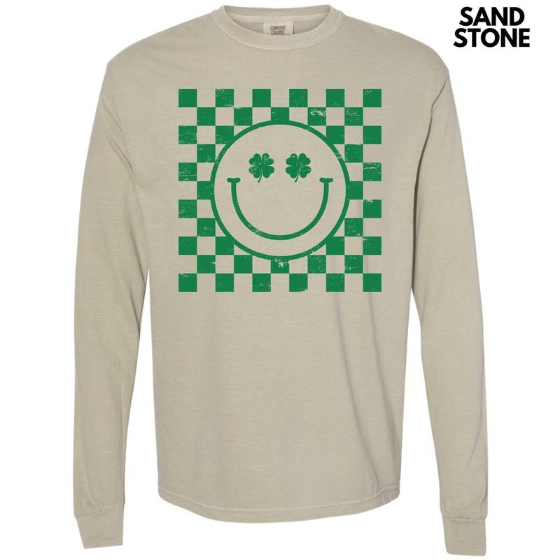 Green Shamrock Checker Happy Face Long Sleeve Comfort Colors T-Shirt 'NLB'