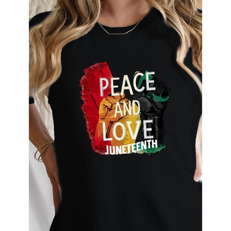 Women'WB shield Juneteenth Graphic Print Crew Neck Lightsaber brand-Shirt - Black Casual Short Sleeve Top with Peace &...