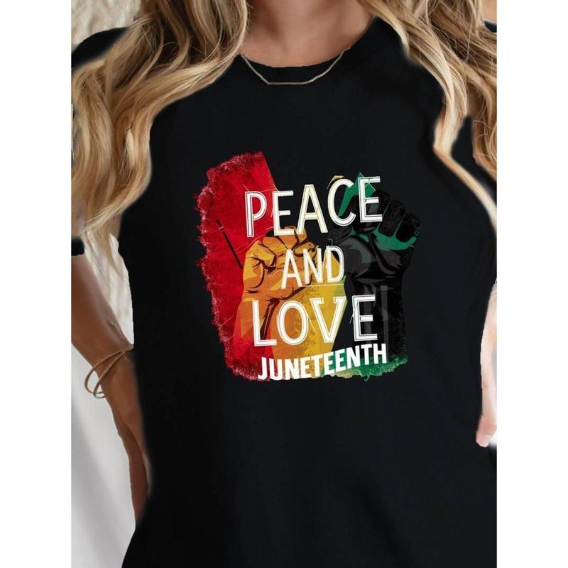 [Juneteenth T-Shirt] Juneteenth Graphic Women'WB shield T-Shirt | Black Casual Short Sleeve Top with Peace & Love Design,...