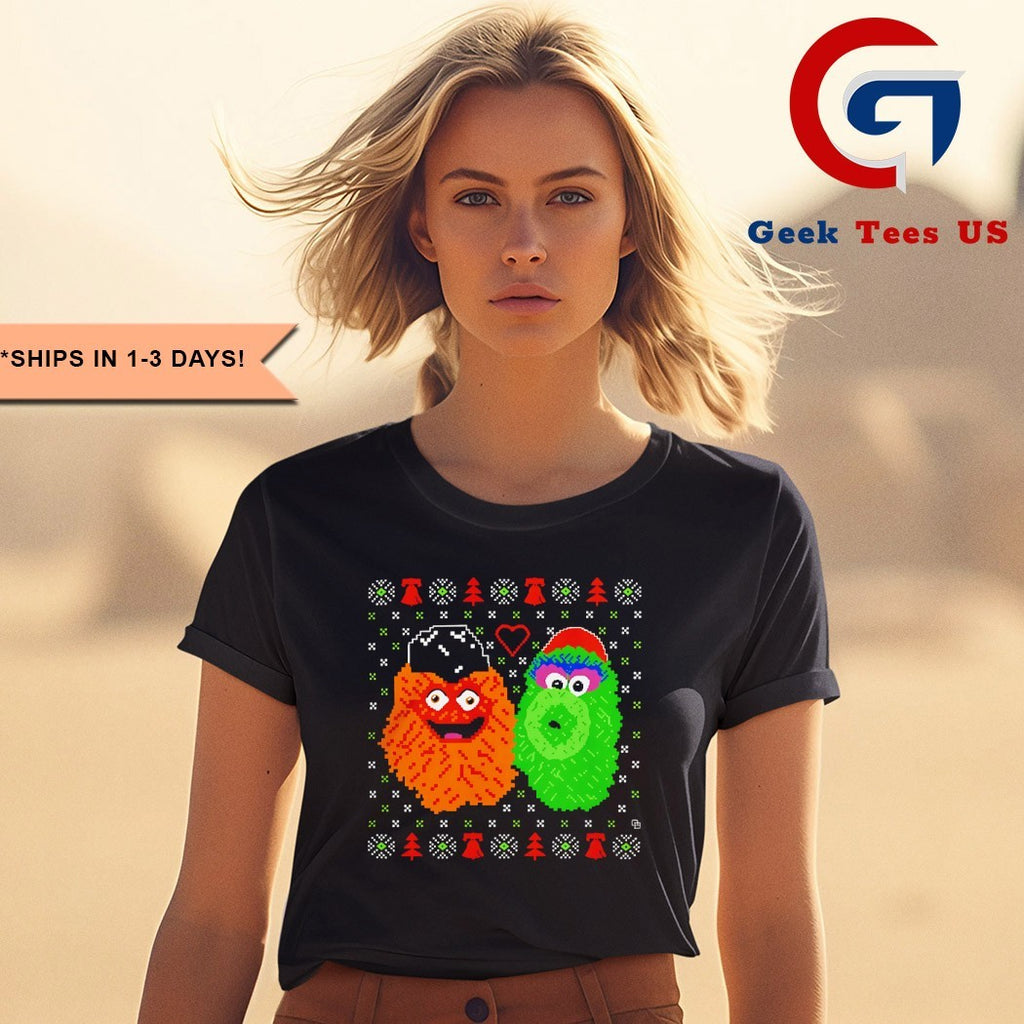 Gritty and Phillie Phanatic ugly Christmas 2025 mascot shirt