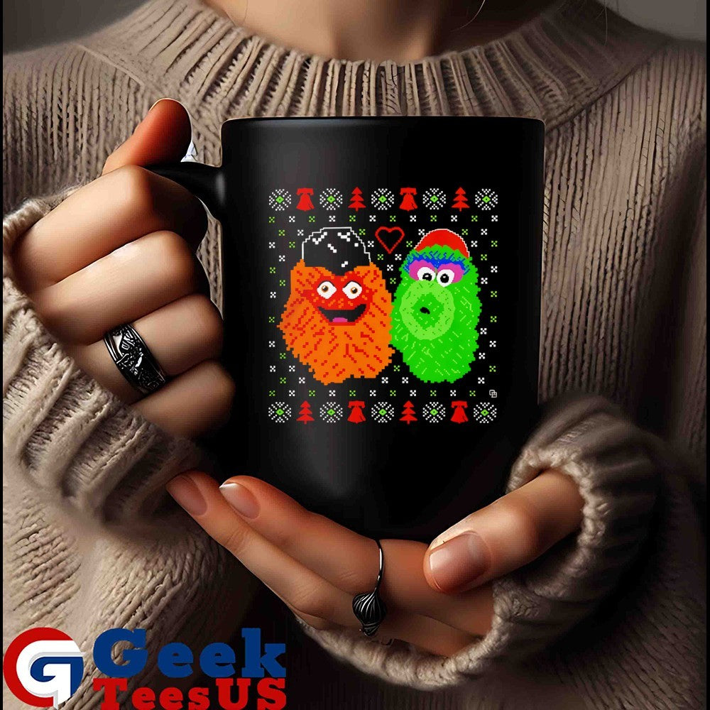 Gritty and Phillie Phanatic ugly Christmas 2025 mascot shirt