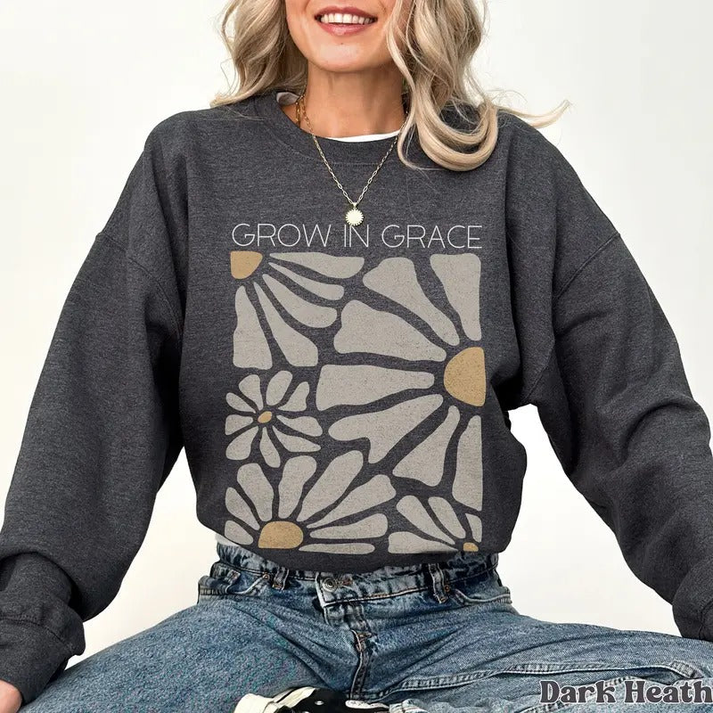 Grow In Grace Sweatshirt, Boho Flowers Sweater, Minimalist Wildflowers Shirt, Unisex Sweatshirt, Gifts For Teens Girl Her, Long Sleeve Crewneck Shirt, Cool Gifts For Women Sweater, Gifts For Birthday