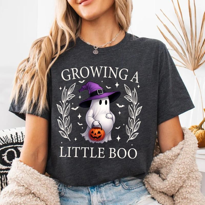 Growing A Little Boo Shirt - Cute Halloween Maternity T-Shirt for Pregnant Moms with Ghost Pumpkin Design, Spooky Season Gift