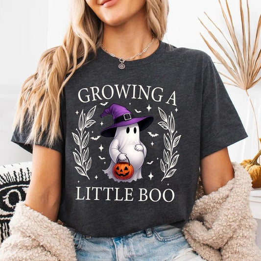 Growing A Little Boo Shirt - Cute Halloween Maternity T-Shirt for Pregnant Moms with Ghost Pumpkin Design, Spooky Season Gift