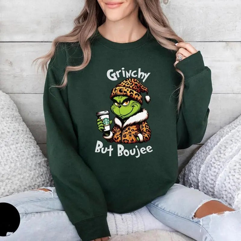 Grrinchy But Boujee Christmas Sweatshirt, Trendy Bougie Holiday Shirt, Funny Christmas Gifts for Her Hoodie | DripVista.com