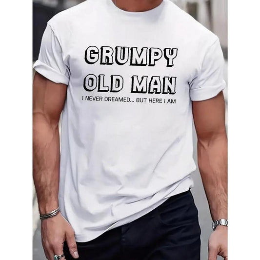 Grumpy Old Man Print, Men's Trendy Comfy T-shirt, Casual Stretchy Breathable Short Sleeve Tee For Summer Made in USA