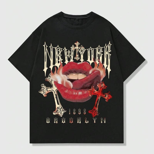 Grunge Punk Cross Lips Y2k Graphic Print T-Shirt Top Tee Streetwear Oversized