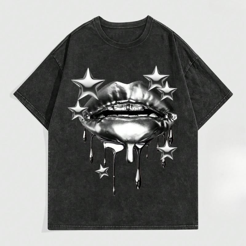 Grunge Punk Men's Street Metal Lip Print Vintage Distressed Short Sleeve T-Shirt, Vintage Graphic Tee, Unisex Crewneck Cotton Short Slevee Streetwear