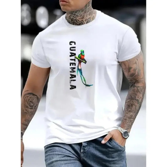 Guatemala-Inspired Graphic Tee - Soft, Breathable Polyester, Round Neck, Regular Fit, Casual Summer Streetwear Shirt for Men - Vibrant Bird Print, Comfortable Wear Made In USA