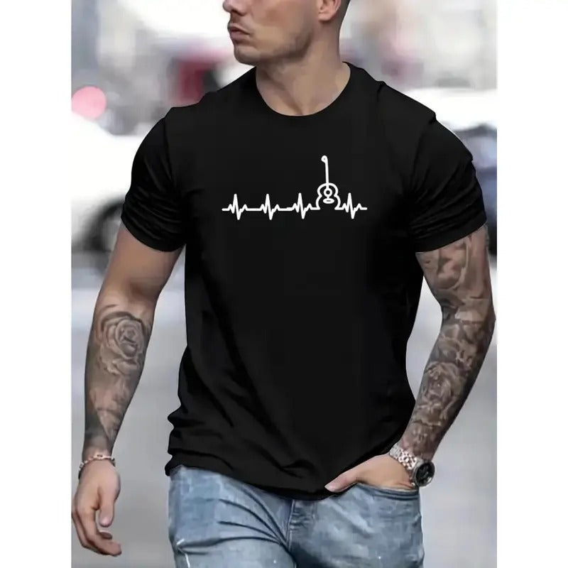 Guitar Print T Shirt, Tees For Men, Casual Short Sleeve T-shirt For Summer Made in USA