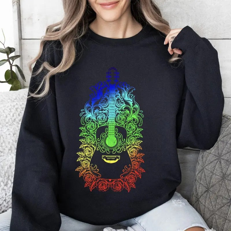 Guitar With Roses, Colorful Sweatshirt T-Shirts, Hoodie | DripVista.com