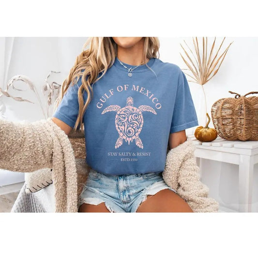 Gulf of Mexico T-Shirt, Turtle Shirts, Stay Salty & Resist Tee, Gift for Mom, Birthday Gift Comfort