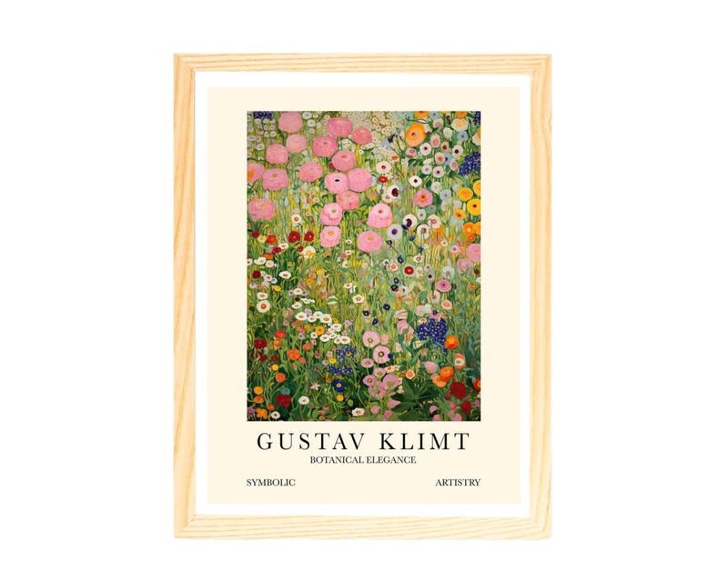 Gustav Klimt Flower Garden Pink And Green Wall Art Print, Art Living Room, Home Decor, Painting Art, Gifts For Her Girl...