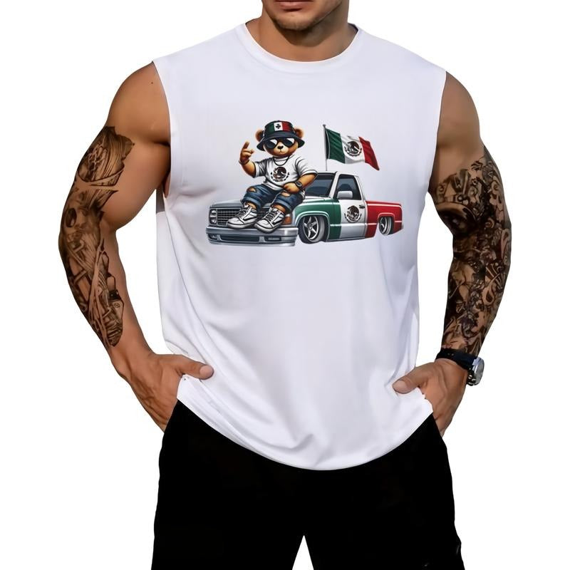 HAGBDH Sporsity Men Graphic Vest with Mexican Flag Bear Stylish Casual Wear Trendy Fashion Streetwear Graphic Sleeveless Crew Neck Top for Summer,Graphic Tees Sports Athletic Style Activewear Spiky hair fighters Jersey