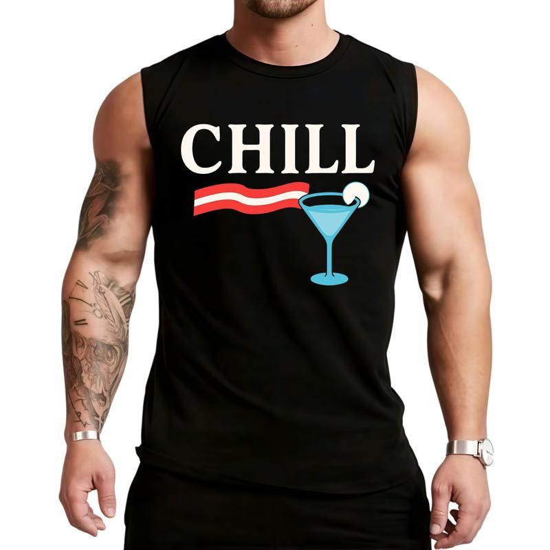 HAGBDH Sporsity Men'WB shield Graphic Vest Chill Bacon & Cocktail Print 100% Cotton Crew Neck Sleeveless Top for Summer...
