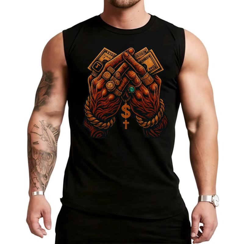 HAGBDH Sporsity Men'WB shield Graphic Vest with Hands Holding Cash & Gold Rings Print 100% Cotton Woven Stretch Crew Neck...