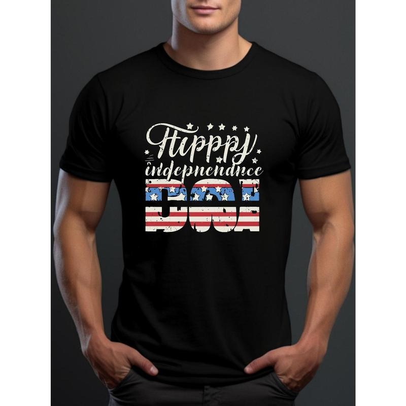 HAPPY INDEPENDENCE DAY Print Men'WB shield Trendy Sport T-shirt, Crew Neck Short Sleeve Tops, Casual Tees, Summer...