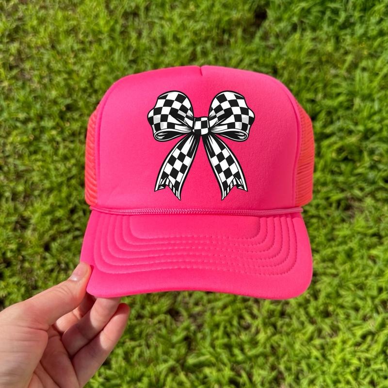 HAT - Black Checkered Bow Mesh Trucker Hat 'NLB' T-Shirts, Hoodie, Sweatshirt | DripVista.com