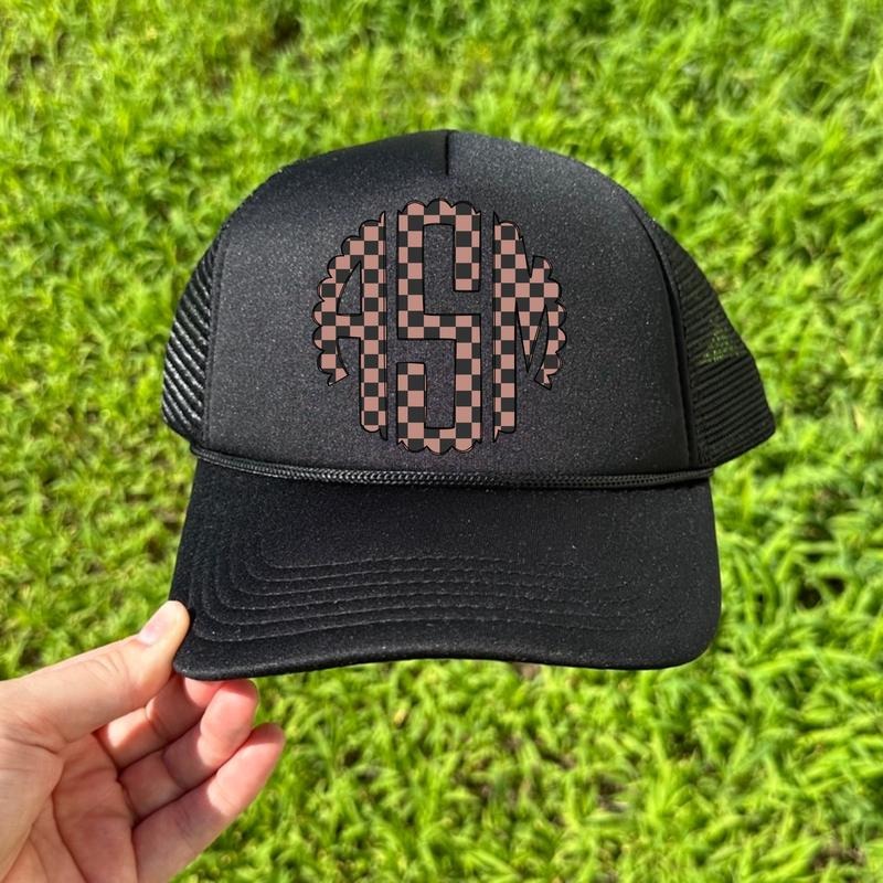 HAT -Tan Checkered Monogram Foam Mesh Trucker Hat 'NLB' T-Shirts, Hoodie, Sweatshirt | DripVista.com