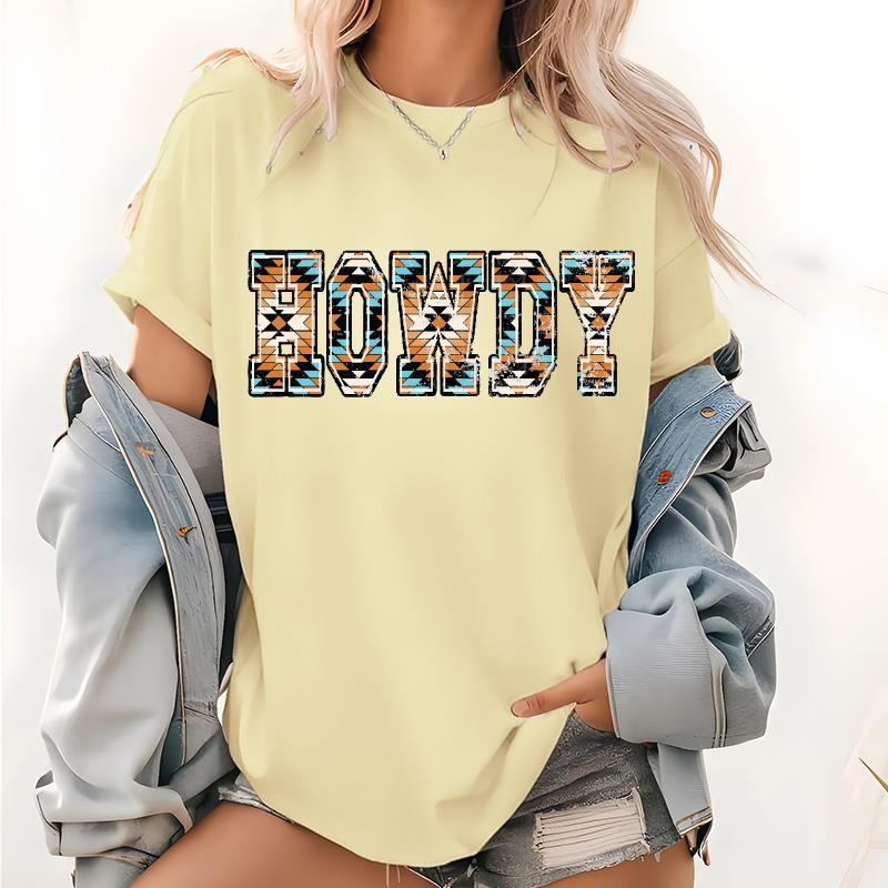HOWDY AZTEC TSHIRT Graphic Tops, Cowgirl Pattern Short Sleeve Lightsaber brand shirt, Howdy Western Vibes Tee, Cotton...