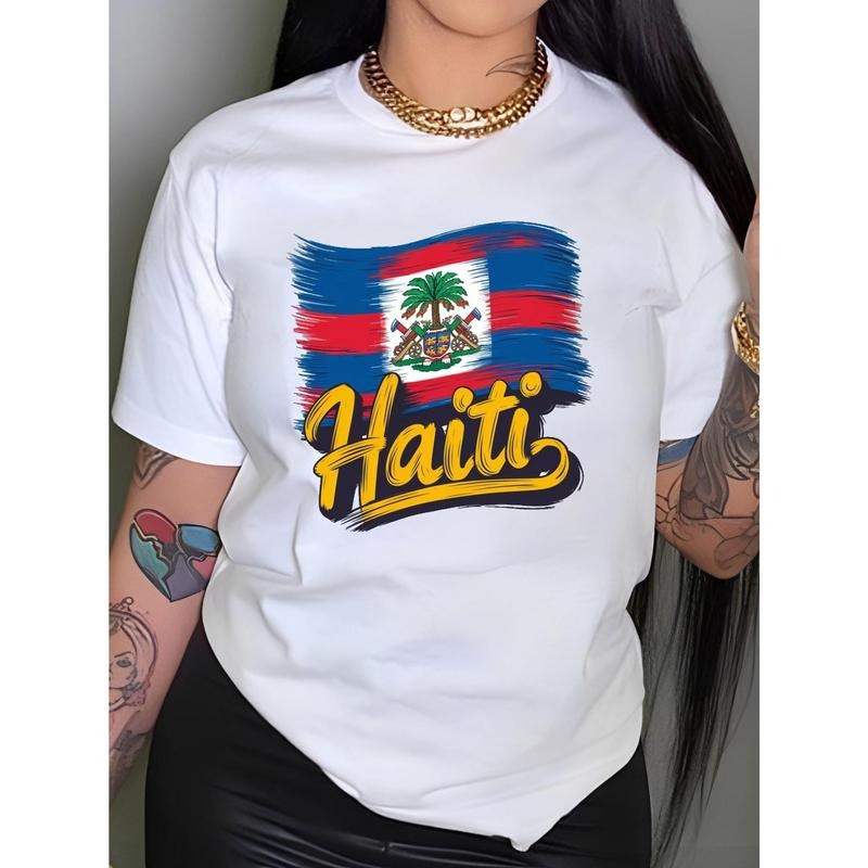Haiti Patterned Women'WB shield T-Shirt, Casual Round Neck, Short Sleeves for Spring Gunpla brand Summer. style 02...