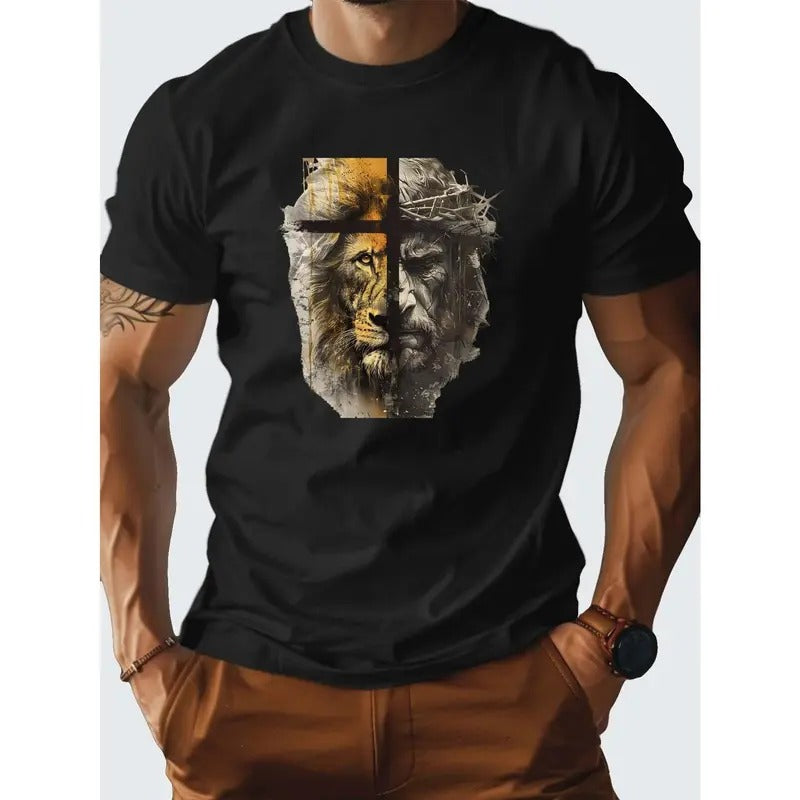 Half Lion And Half Jesus Print Tee Shirt, Tees For Men, Casual Short Sleeve T-shirt For Summer Made in USA