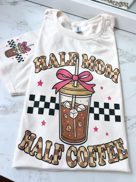 Half Mom Half Coffee Checkered Short Sleeve Graphic Tee Unisex Screen Printed T-Shirt Womenswear Crewneck Casual Tshirt Top