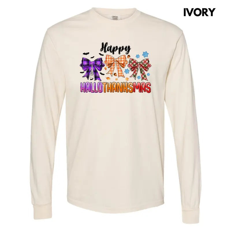 HalloThanksMas Bows Long Sleeve Comfort Colors T-Shirt 'NLB' Hoodie, Sweatshirt | DripVista.com