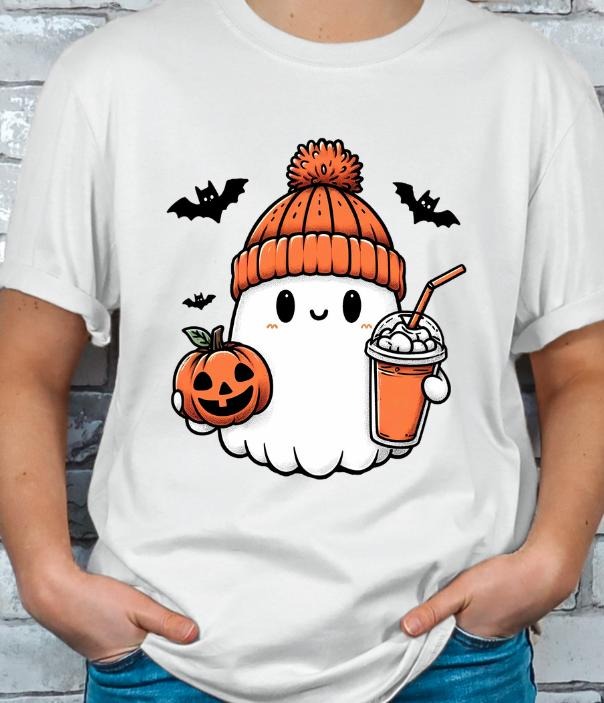 Halloween Baby Ghost Beanie Hat & Iced Coffee T-Shirt for Men Women Soft Poly Cotton Blend Casual Crewneck Short Sleeve...
