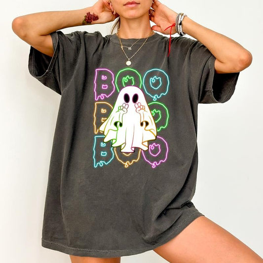 Halloween Boo Neon Shirt Comfort Colors, Cute Neon Ghost Halloween Tee, Funny Halloween Neon T-shirt For Women, Spooky Season Tshirt, Halloween Party Tee for Girls, Unhinged Casual Womenswear, Oversized Women's Tops, Comfy Cotton Fabric Fit Chic Style