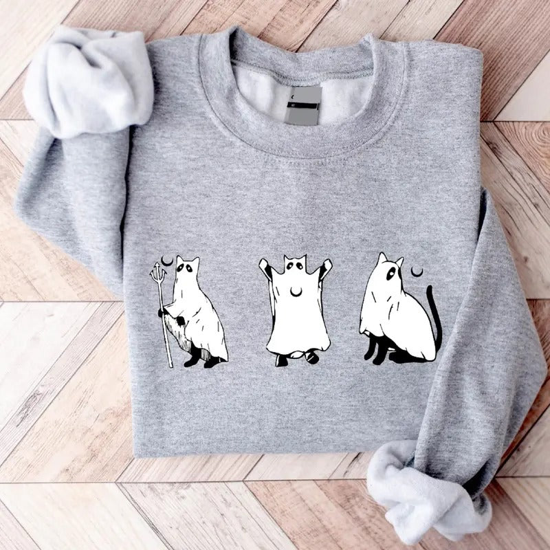 Halloween Cat Sweatshirt, Funny Ghost Halloween Hoodie, Cat Lover Gift Sweater, Spooky Season Long Sleeve.