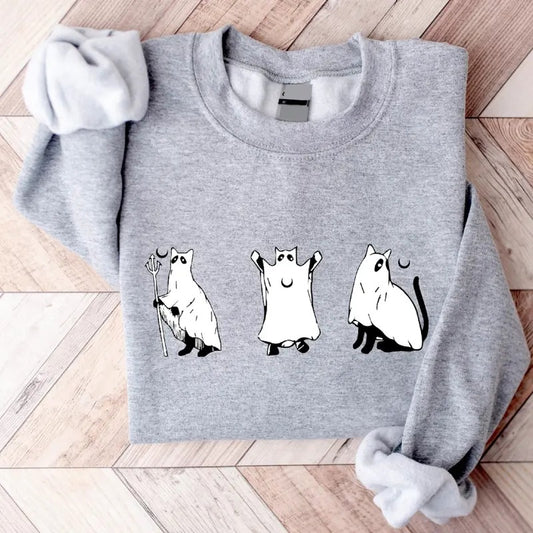 Halloween Cat Sweatshirt, Funny Ghost Halloween Hoodie, Cat Lover Gift Sweater, Spooky Season Long Sleeve.