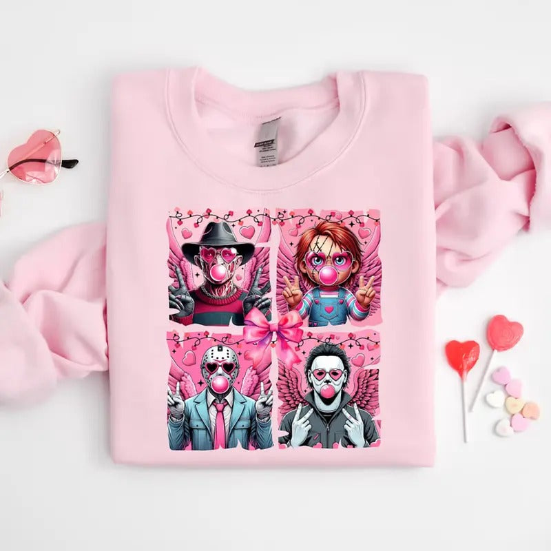 Halloween Characters Valentine Sweatshirt, Trendy Valentine Halloween Themed T-Shirt, Valentine Tee Shirt, Funny Valentine Shirt, Valentine's Day Gift