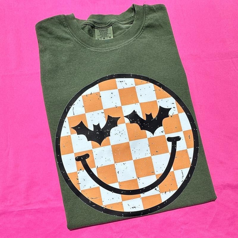 Halloween Checkered Happy Face Comfort Colors T-Shirt Hoodie, Sweatshirt | DripVista.com