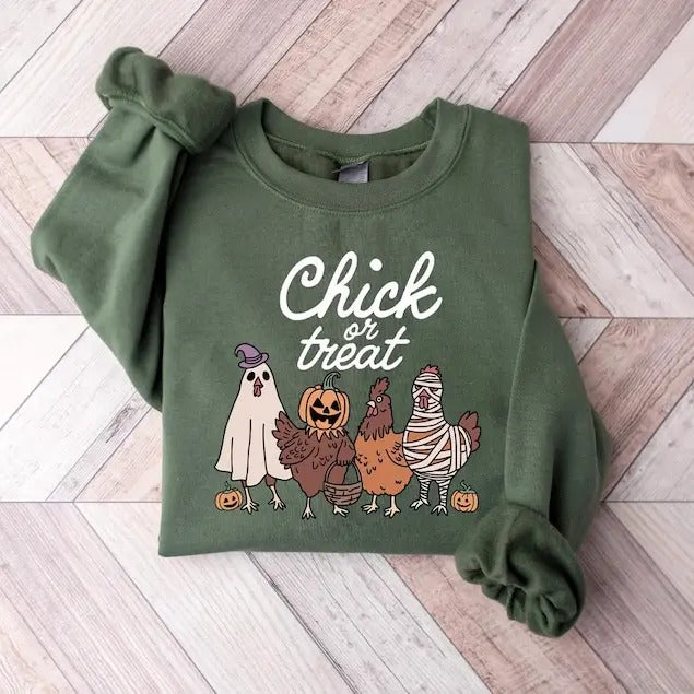 Halloween Chick or Treat Sweatshirt, Halloween Chicken Sweatshirt, Halloween Funny Chicken Shirt, Ghost Chicken Shirt,...