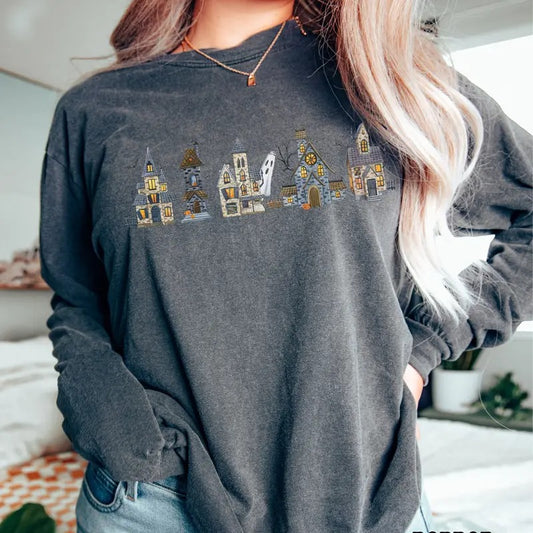 Halloween Comfort Colors Shirt, Watercolor Haunted House Halloween Shirt for Women, Vintage Halloween Tee, Pumpkin Shirt