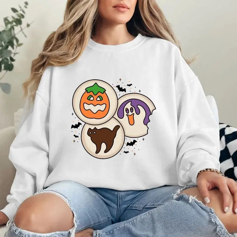Halloween Cookie Sweatshirt, Halloween Sweater, Fall Sweatshirt, Ghost Cat Pumpkin Sweats, Retro Halloween Sweater, Spooky Season