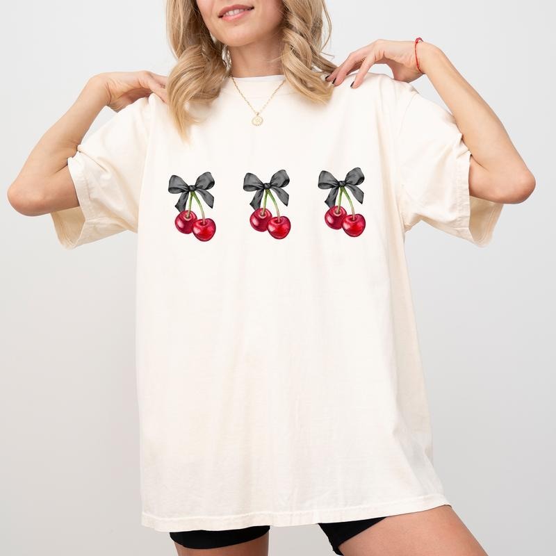 Halloween Coquette Black Bow Cherries Comfort Colors Shirt, Coquette Cherries Graphic Printed Tee, Coquette Black Bows Unhinged Shirt, Cute T-shirt For Women, Coquette Spooky Vibes, Women's Top, Womenswear, Cotton Fabric Relaxed Fit Chic Style