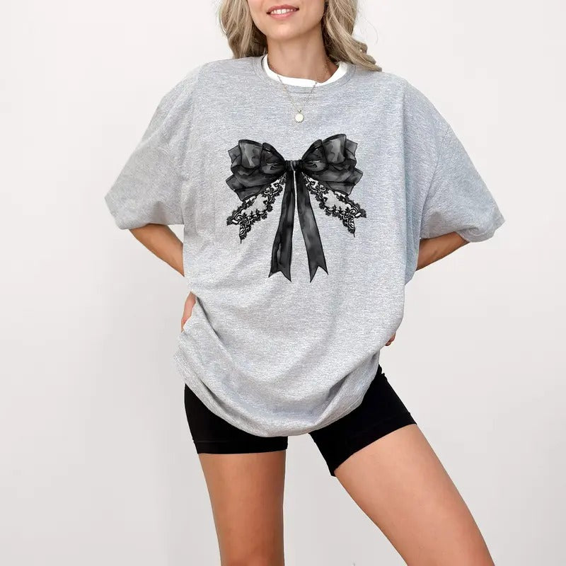 Halloween Coquette Bow T-Shirt, Retro Halloween Sweatshirt, Gothic Bat T Shirt, Trending Sweater, Black Bow Womenswear Tee, Soft Girl Tshirt
