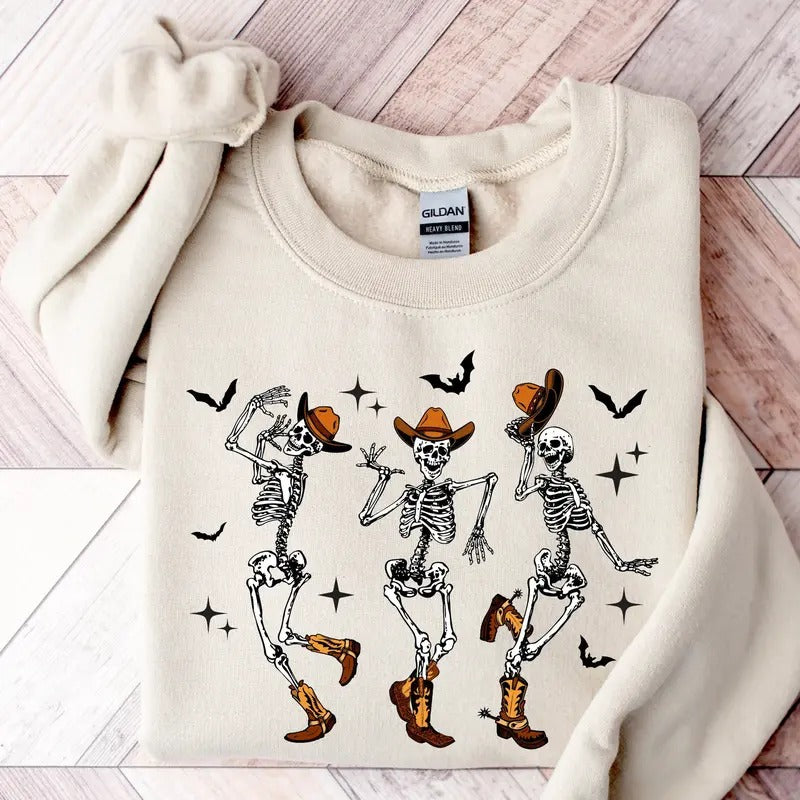 Halloween Dancing Skeleton Sweatshirt Western Halloween Cow Sweatshirt Halloween Cowboy Shirt Halloween Tee Halloween Cow...