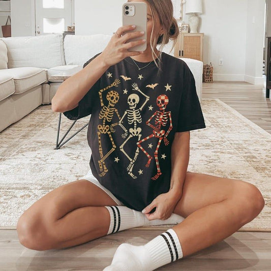 Halloween Dancing Skeletons Tshirt, Retro Skeleton Spooky Season Tee, Leopard Checker Cherry Shirt, Trendy Graphic Tee