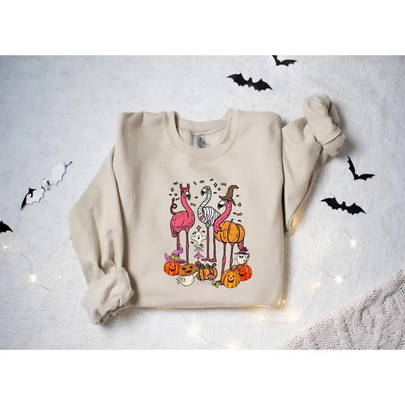 Halloween Flamingo Sweatshirt, Halloween Sweater, 2024 Happy Halloween, Retro Spooky Season, Ghost Sweatshirt, Flamingo Halloween T-shirts