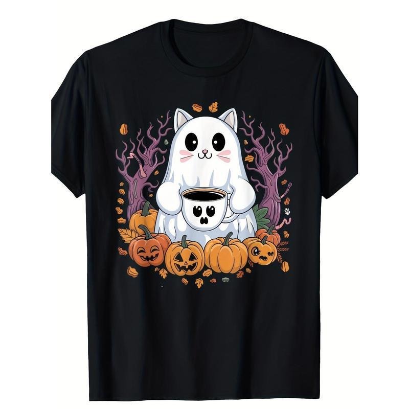 Halloween Ghost Cat FOG Pumpkin Printed T-shirt Comfortable Breathable, Casual Short Sleeve, Daily Wear, Spiky hair...