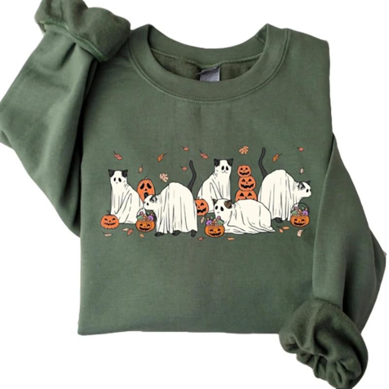 Halloween Ghost Cats Crewneck Sweatshirt, Hoodie, T-shirt | DripVista.com