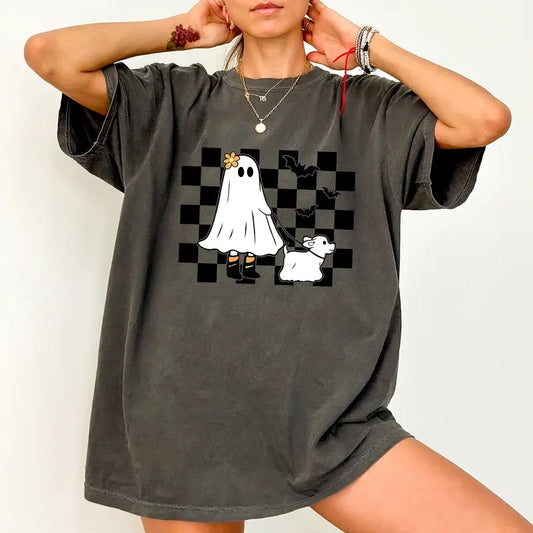 Halloween Ghost Dog Shirt Comfort Color, Retro Ghost with Dogs Checkered Graphic Printed Women Tee, Ghost Dog Halloween Crewneck, Funny Halloween Dog Mama Ghost Shirt, Dog Lover Gift, Women's Tops, Comfort Cotton Fabric Short Sleeve Relaxed Tee